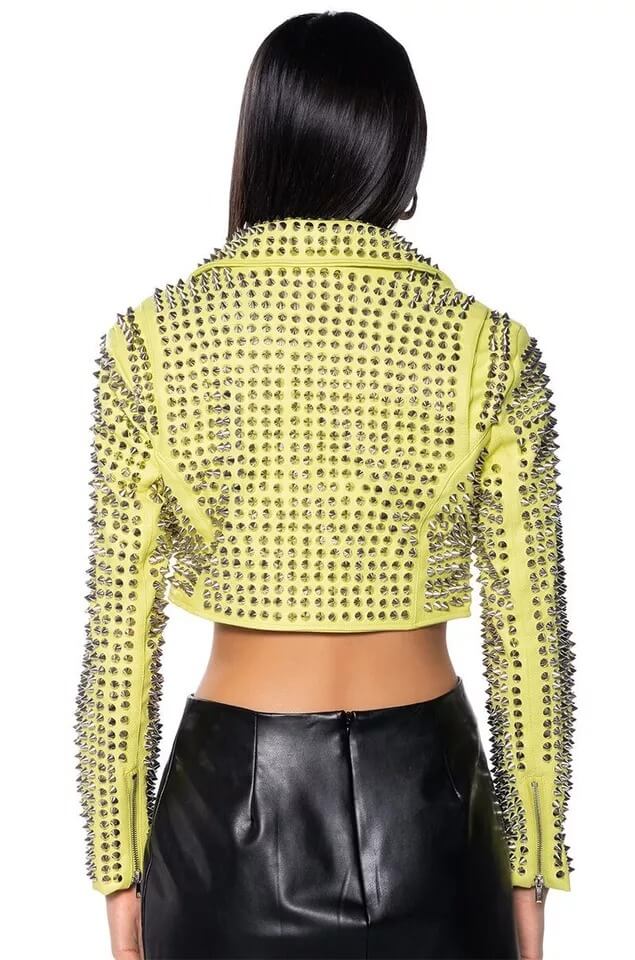 Veste de motard en cuir clouté jaune punk pour femme