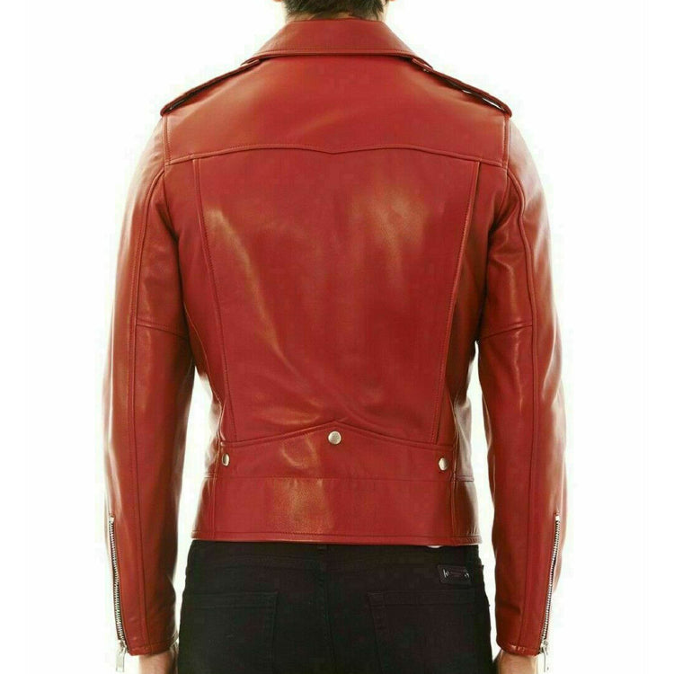 Veste de motard élégante en cuir véritable rouge pour homme