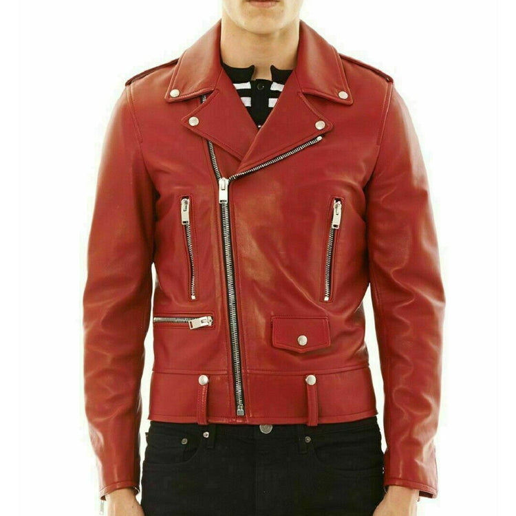 Veste de motard élégante en cuir véritable rouge pour homme