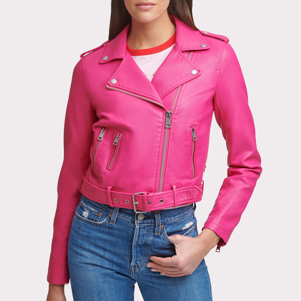 Veste motard en cuir rose vif élégante pour femme