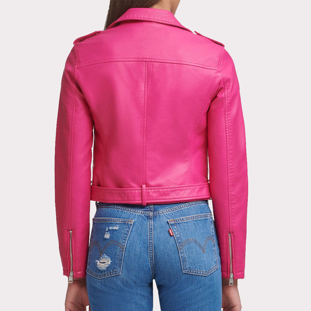 Veste motard en cuir rose vif élégante pour femme