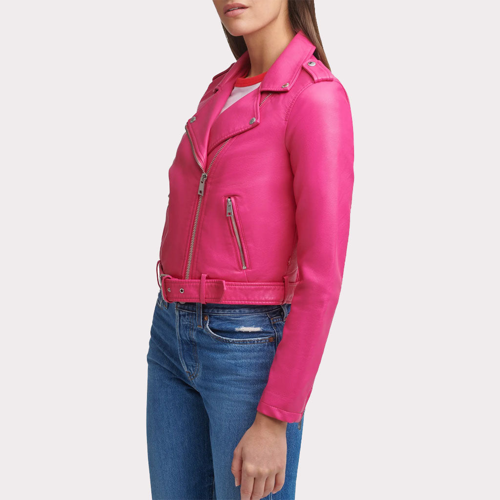 Veste motard en cuir rose vif élégante pour femme