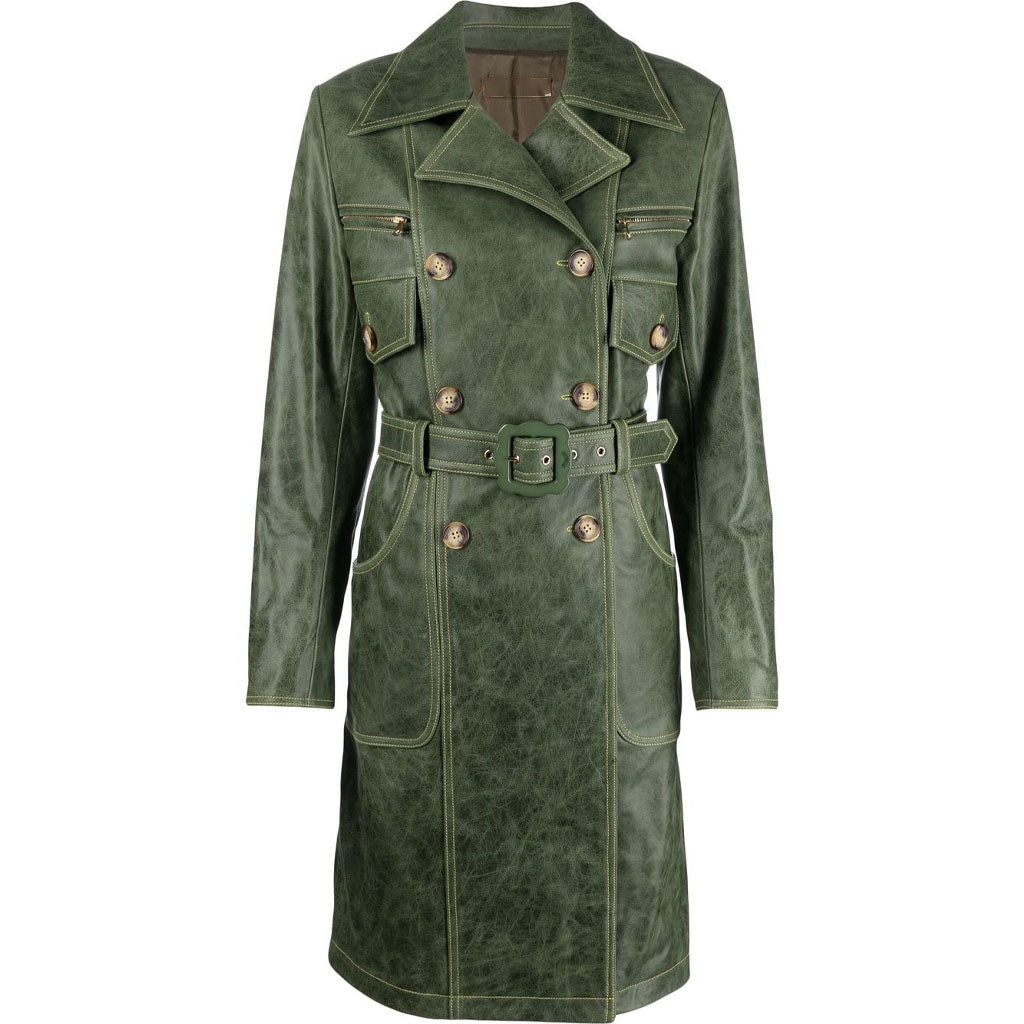 Trench-coat élégant en cuir vert vieilli pour femme