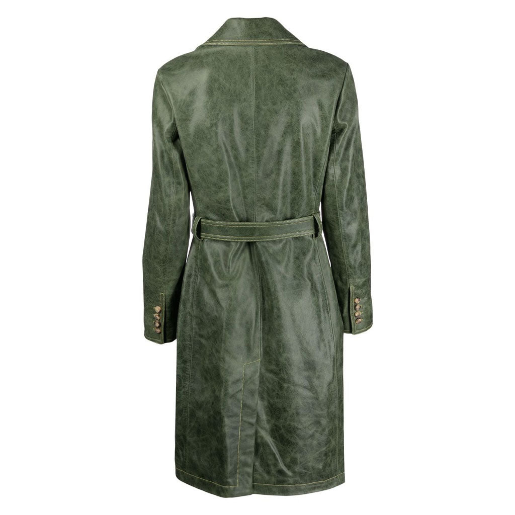 Trench-coat élégant en cuir vert vieilli pour femme