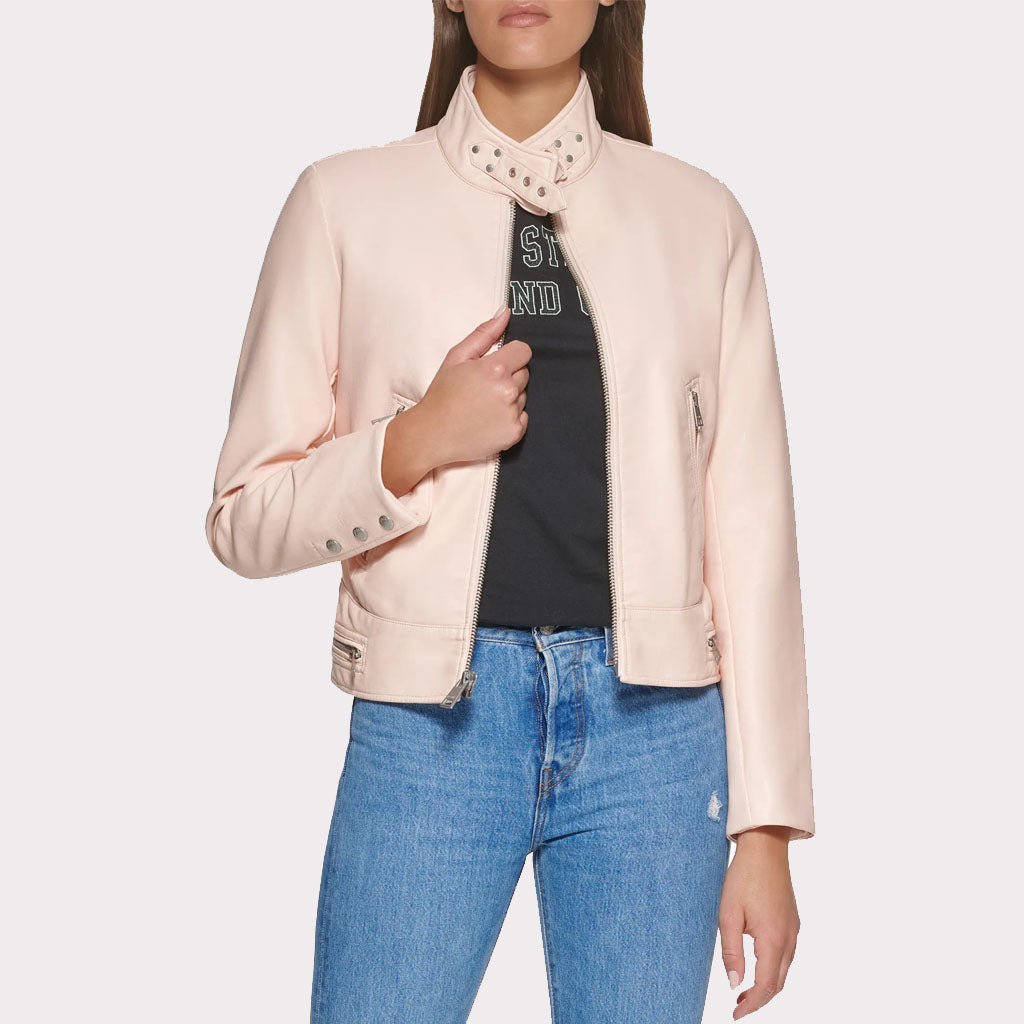 Veste de course en cuir rose poudré tendance pour femme