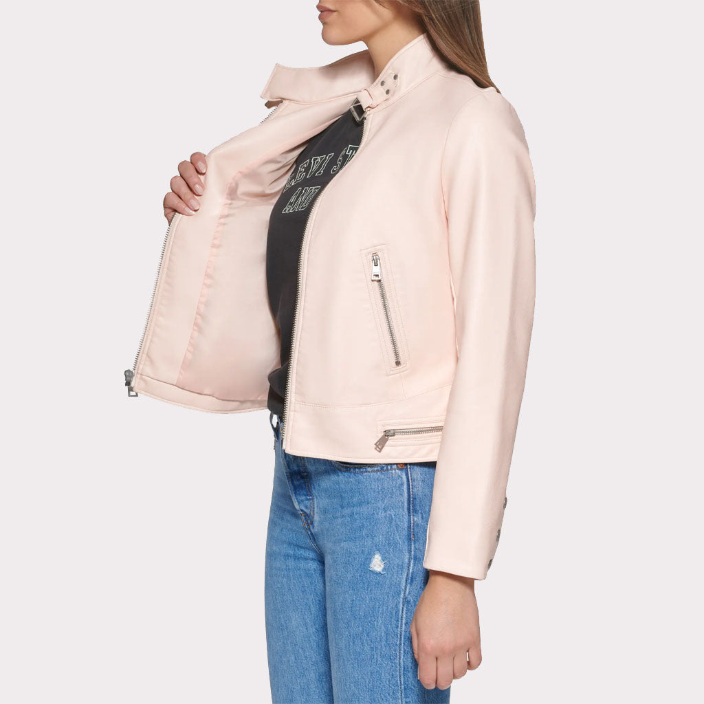 Veste de course en cuir rose poudré tendance pour femme