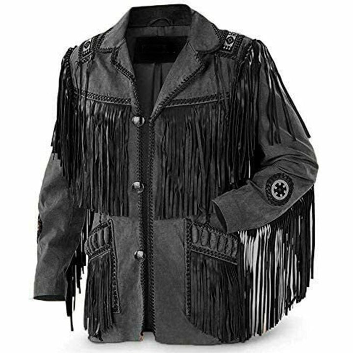 Western Cowboy Black Suede Leather Jacket Native America Vintage Fashion Coat