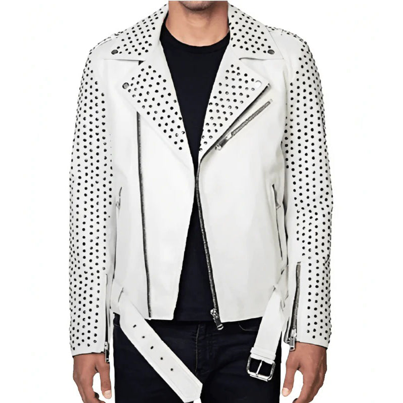 Veste de motard en cuir clouté de couleur blanche pour homme