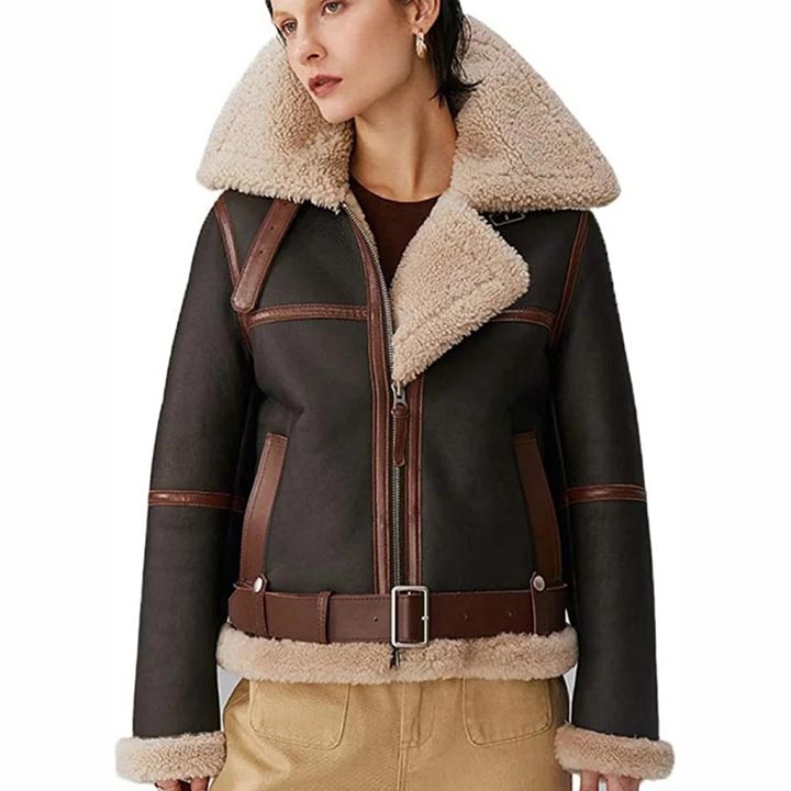 Women B3 RAF Aviator Flight Bomber Shearling Leather Jacket