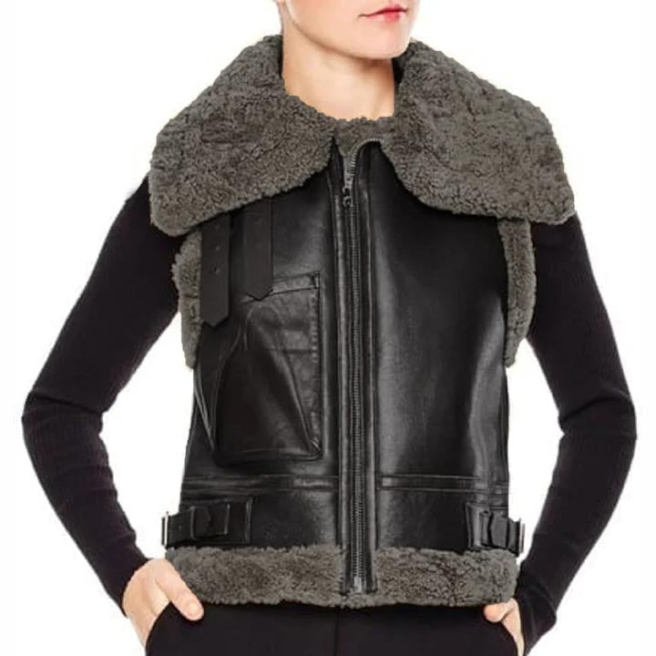 Gilet en peau de mouton retournée B3 Aviator en cuir noir pour femme