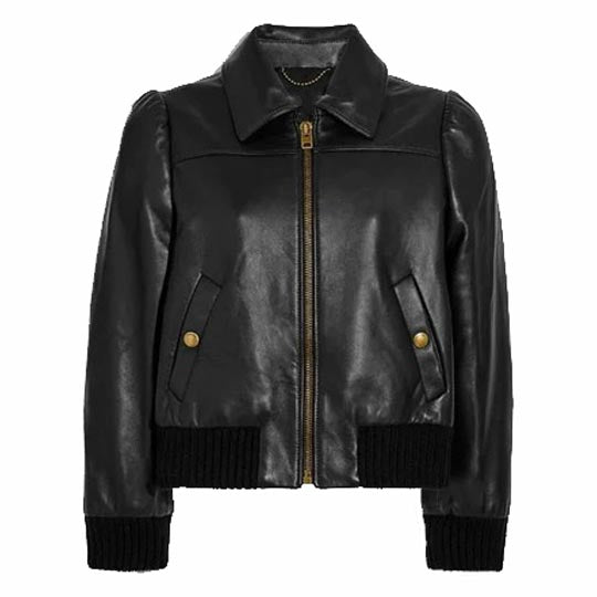 Veste Bomber Courte en Cuir Noir pour Femme