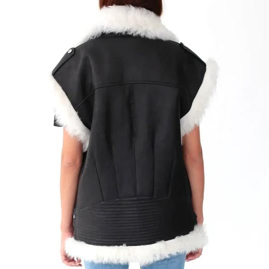 Gilet en peau de mouton pour femme en cuir noir et fourrure blanche