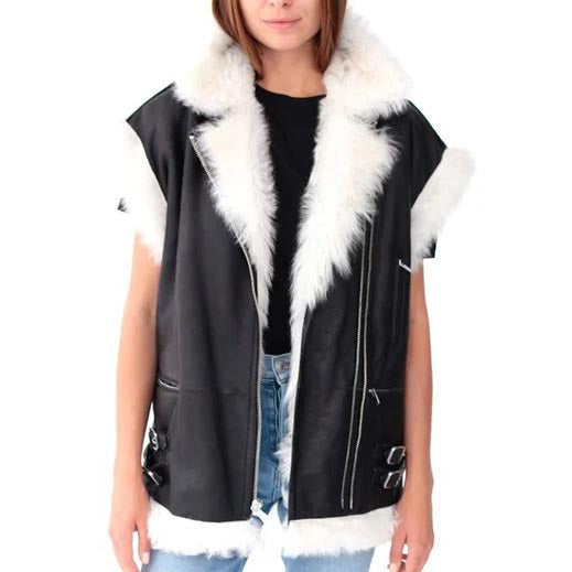 Gilet en peau de mouton pour femme en cuir noir et fourrure blanche