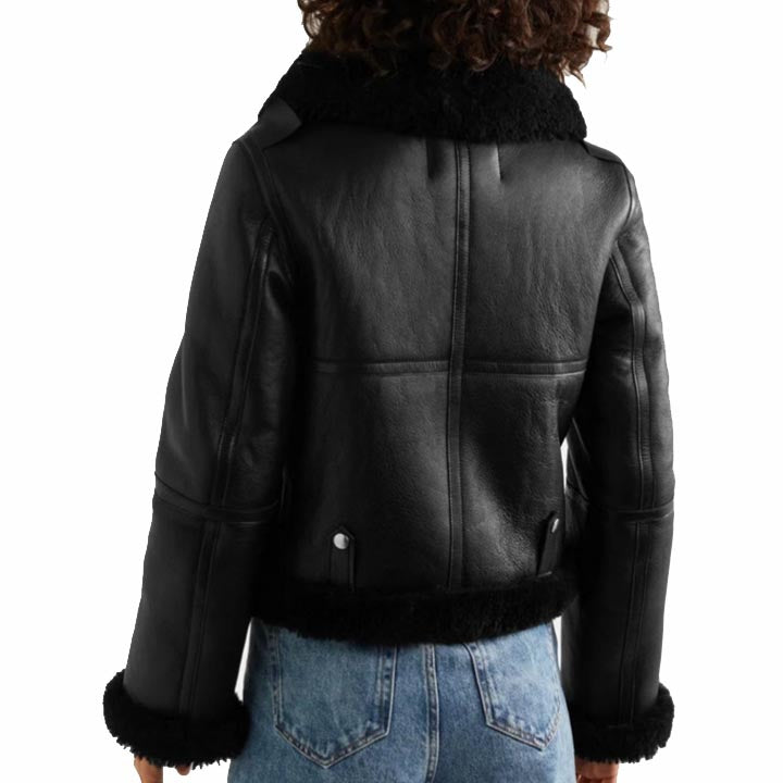 Veste en cuir et peau de mouton noire pour femme