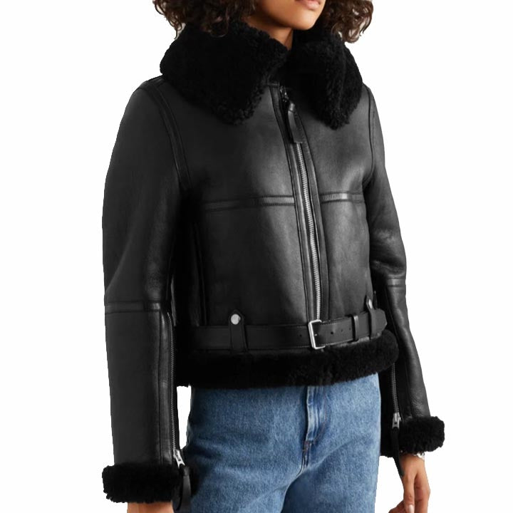 Veste en cuir et peau de mouton noire pour femme