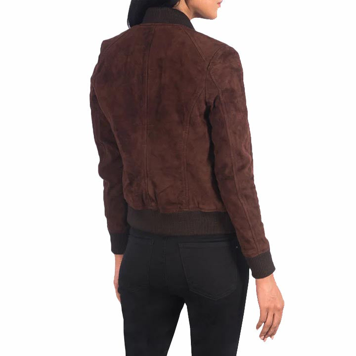 Blouson aviateur en cuir suédé marron pour femme