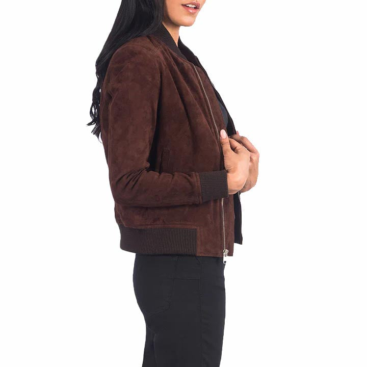 Blouson aviateur en cuir suédé marron pour femme