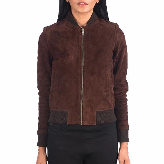 Blouson aviateur en cuir suédé marron pour femme