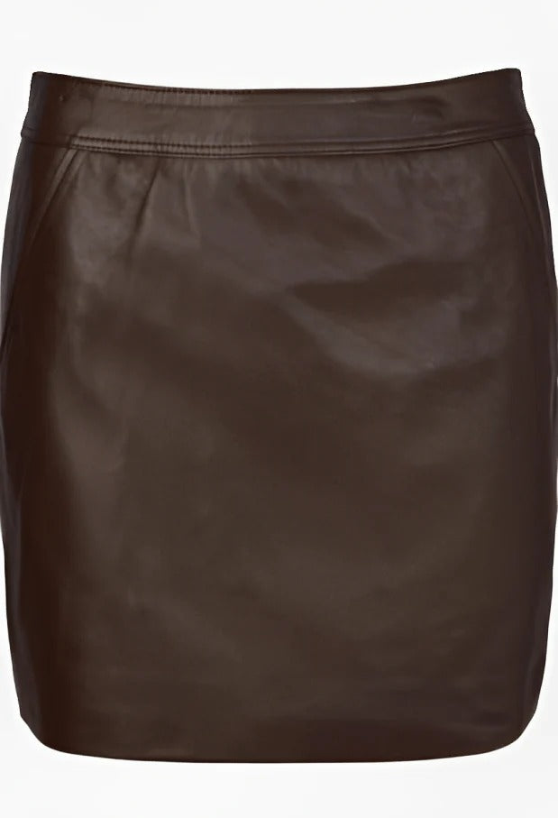 Mini-jupe en cuir marron foncé pour femme