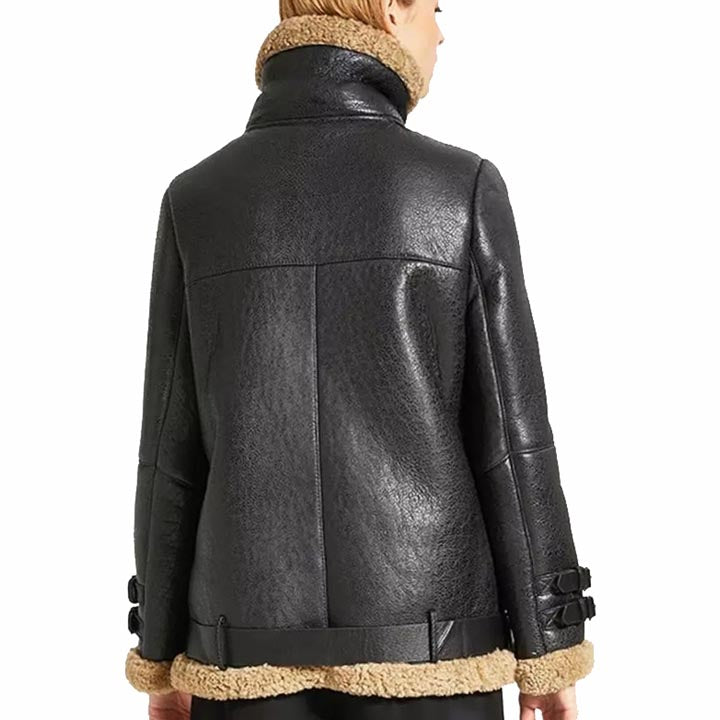 Manteau en cuir de mouton noir surdimensionné pour femme