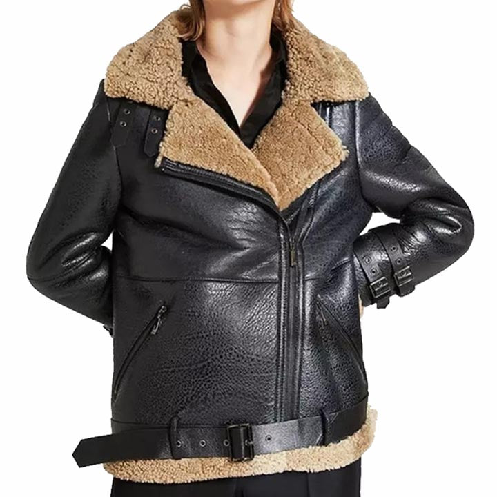 Manteau en cuir de mouton noir surdimensionné pour femme