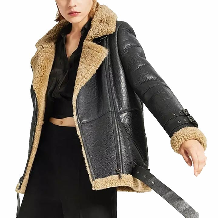 Manteau en cuir de mouton noir surdimensionné pour femme