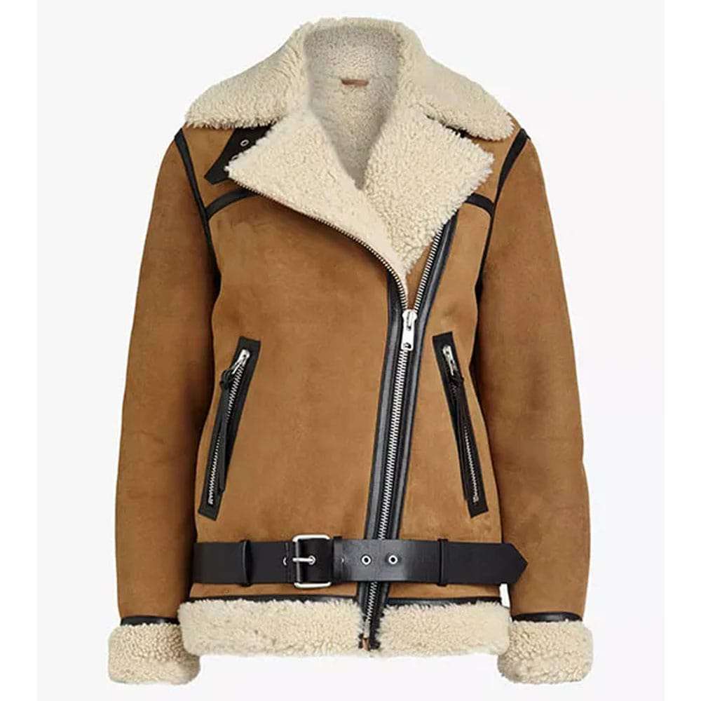 Veste de moto en peau de mouton et daim marron pour femme