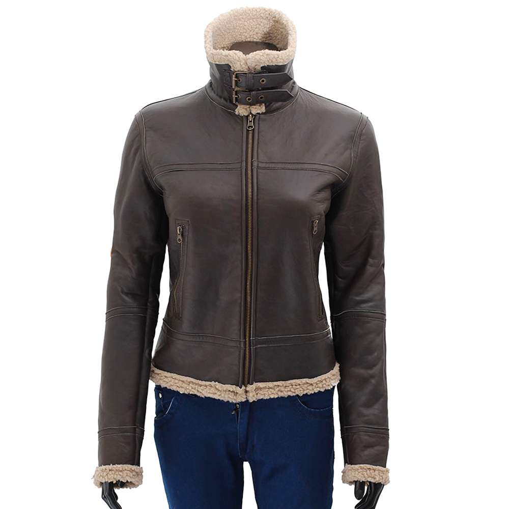 Veste en cuir de mouton retourné marron foncé pour femme