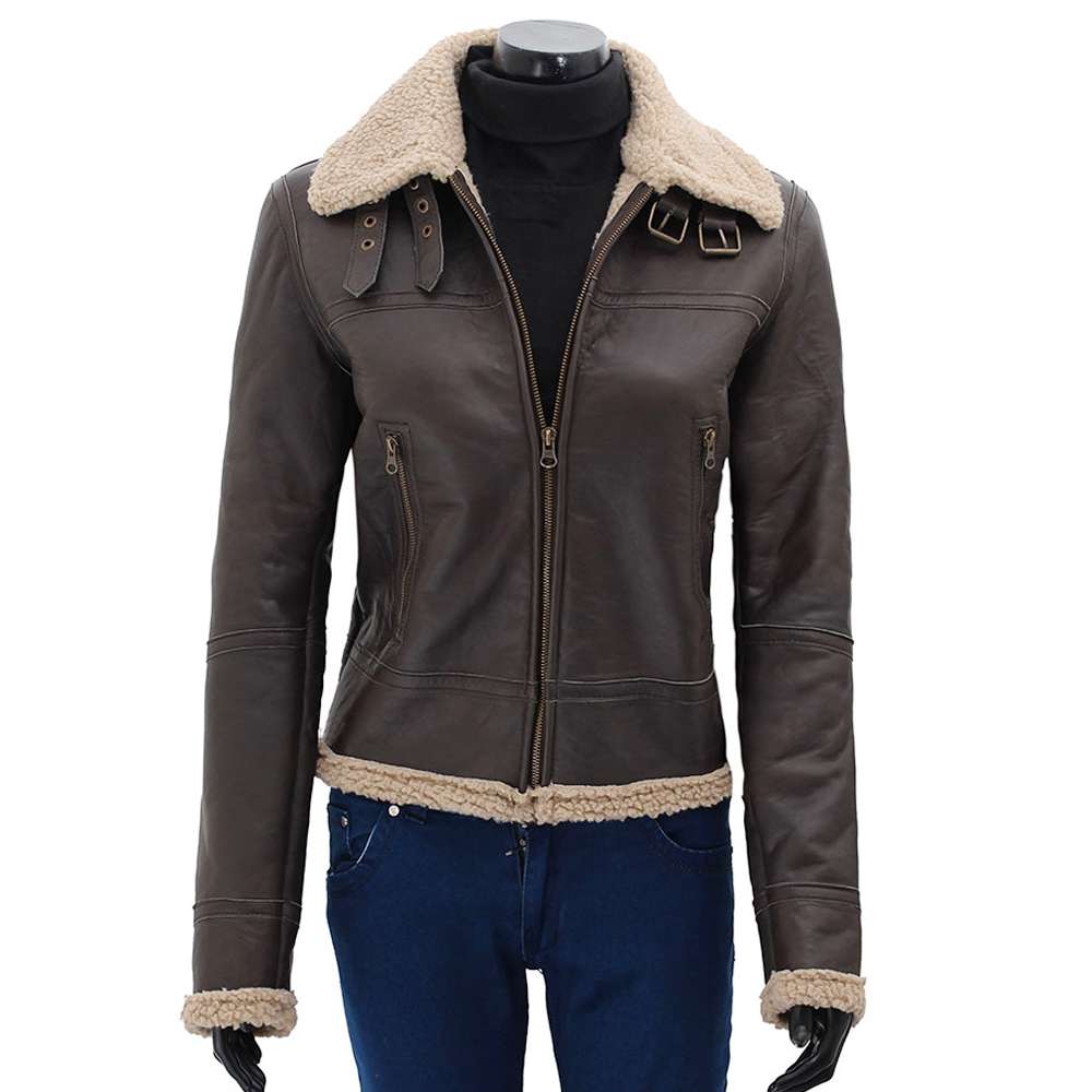 Veste en cuir de mouton retourné marron foncé pour femme