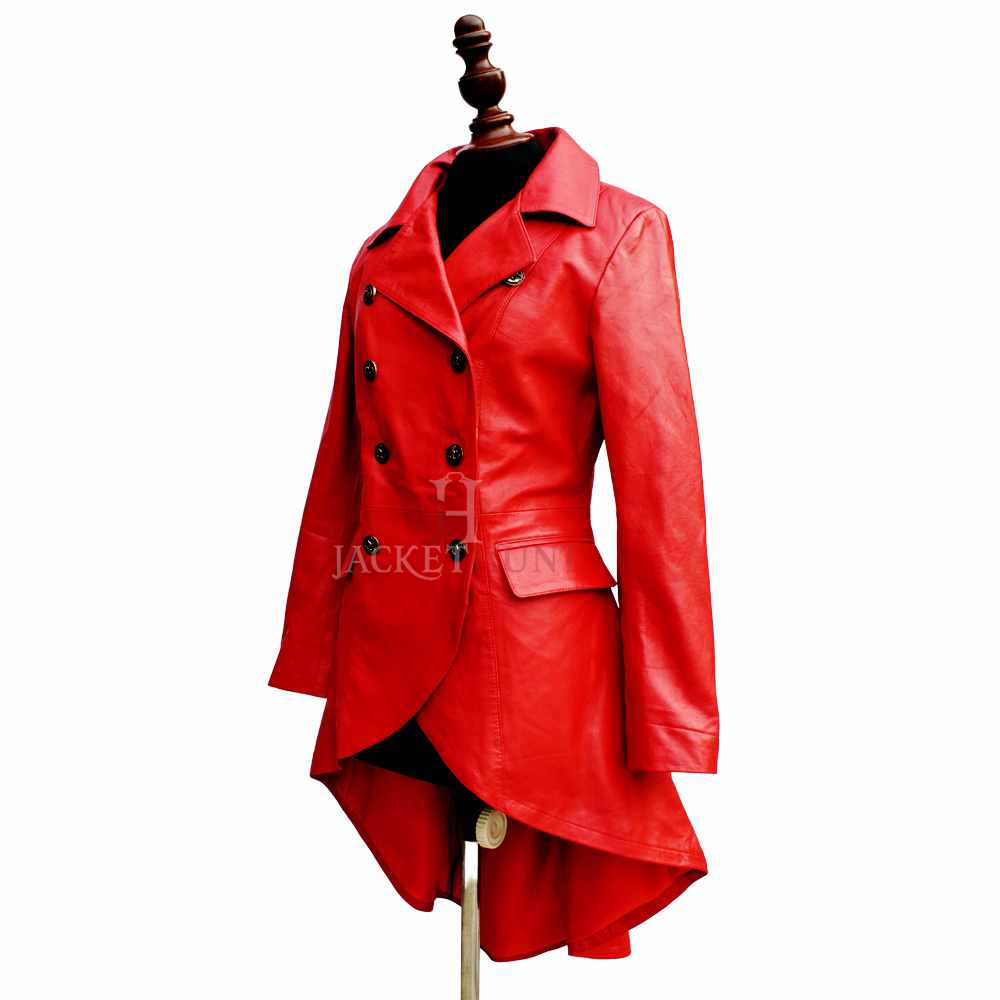 Manteau militaire en cuir véritable rouge à double boutonnage pour femme