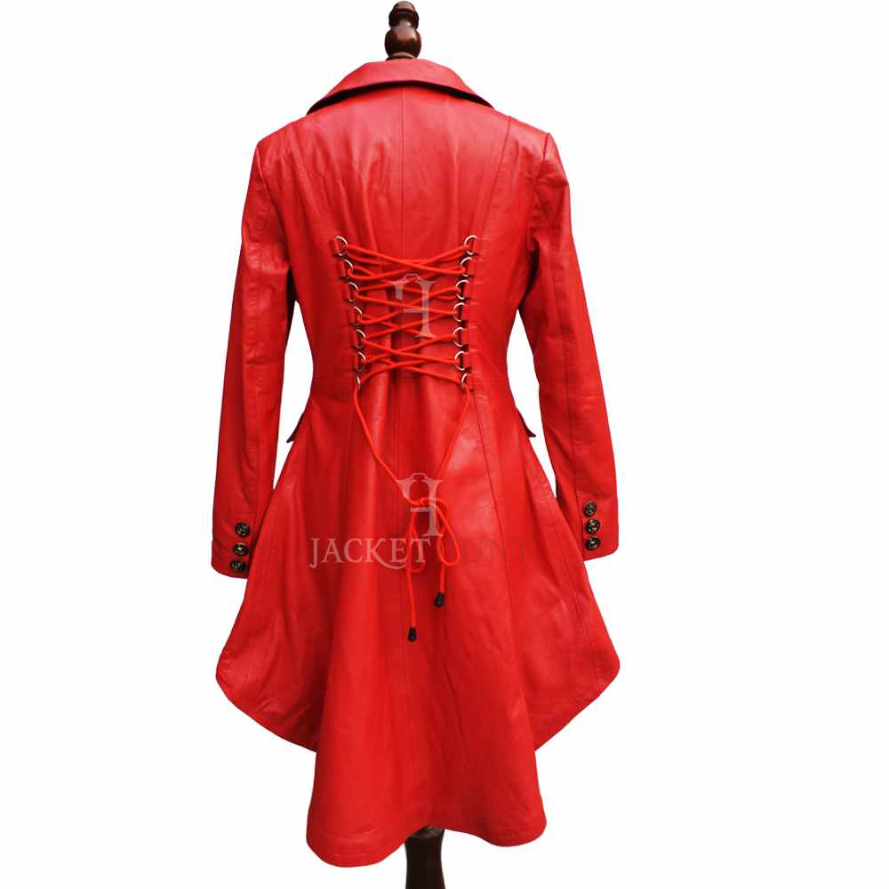 Manteau militaire en cuir véritable rouge à double boutonnage pour femme