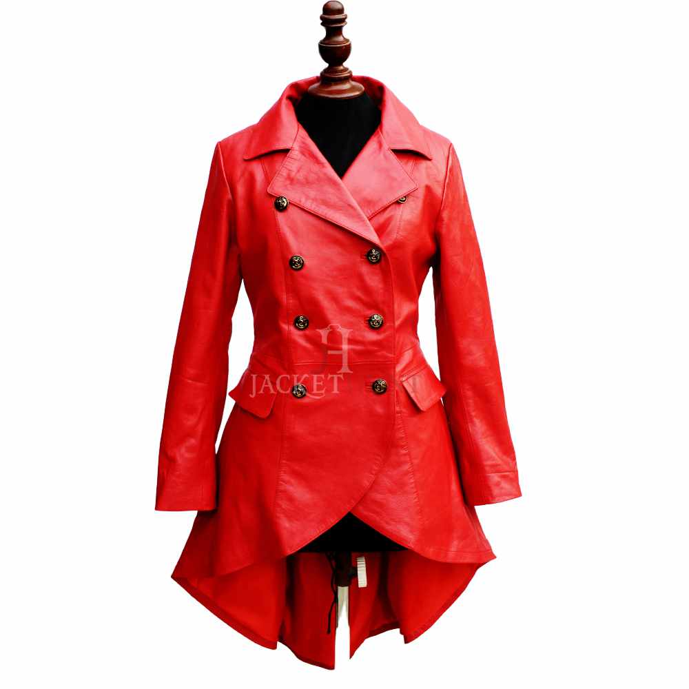 Manteau militaire en cuir véritable rouge à double boutonnage pour femme