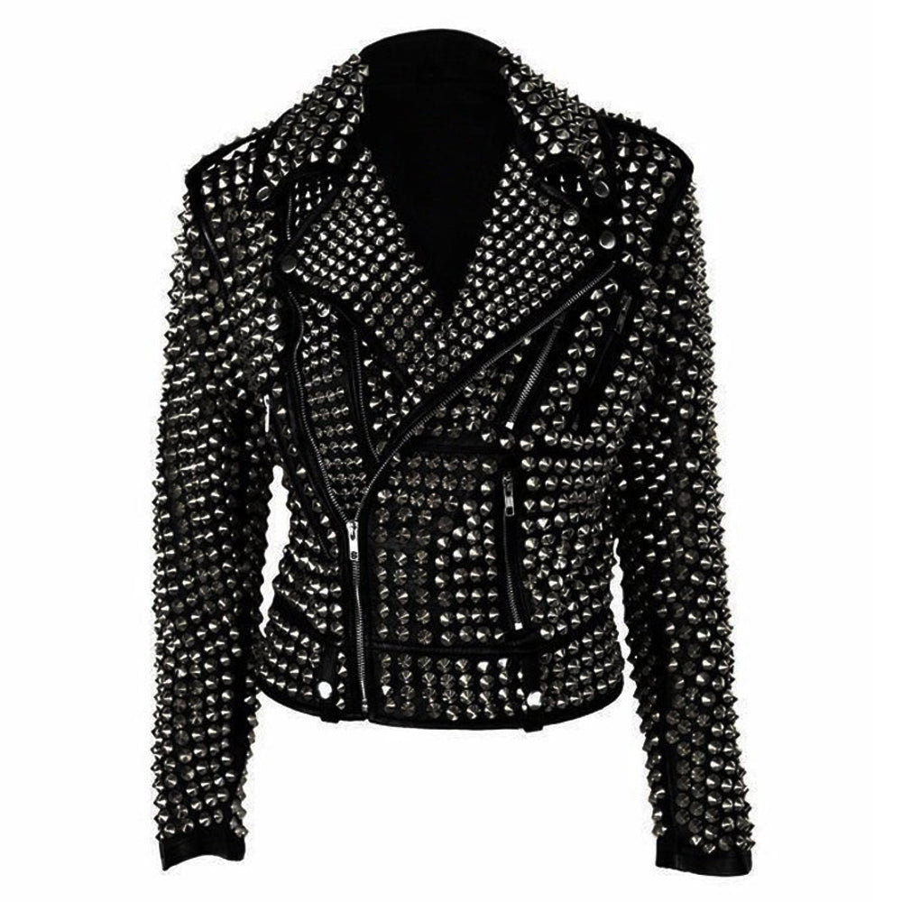 Veste en cuir cloutée dorée pour femme avec motif heavy metal