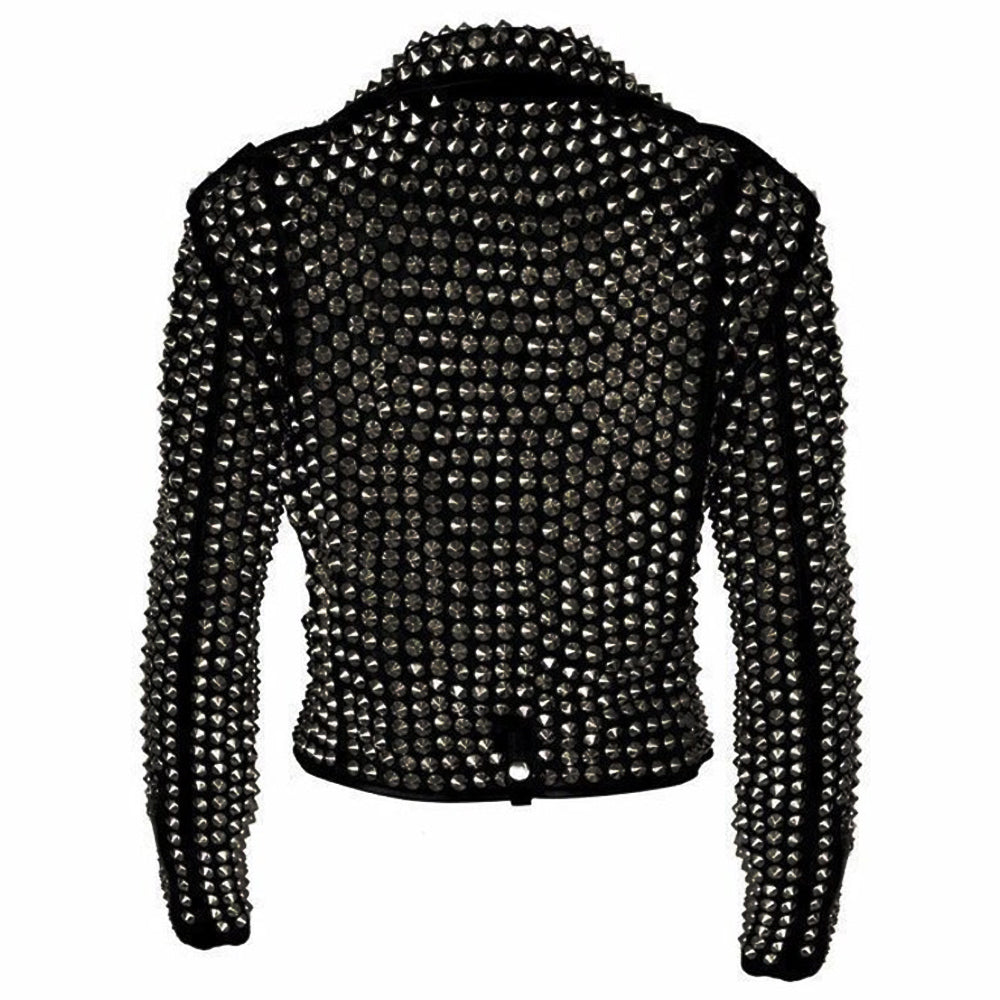 Veste en cuir cloutée dorée pour femme avec motif heavy metal