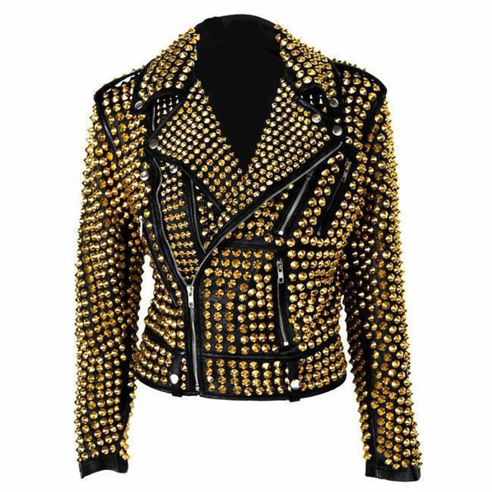 Veste en cuir cloutée dorée pour femme avec motif heavy metal