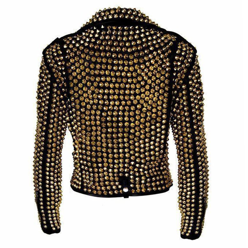 Veste en cuir cloutée dorée pour femme avec motif heavy metal