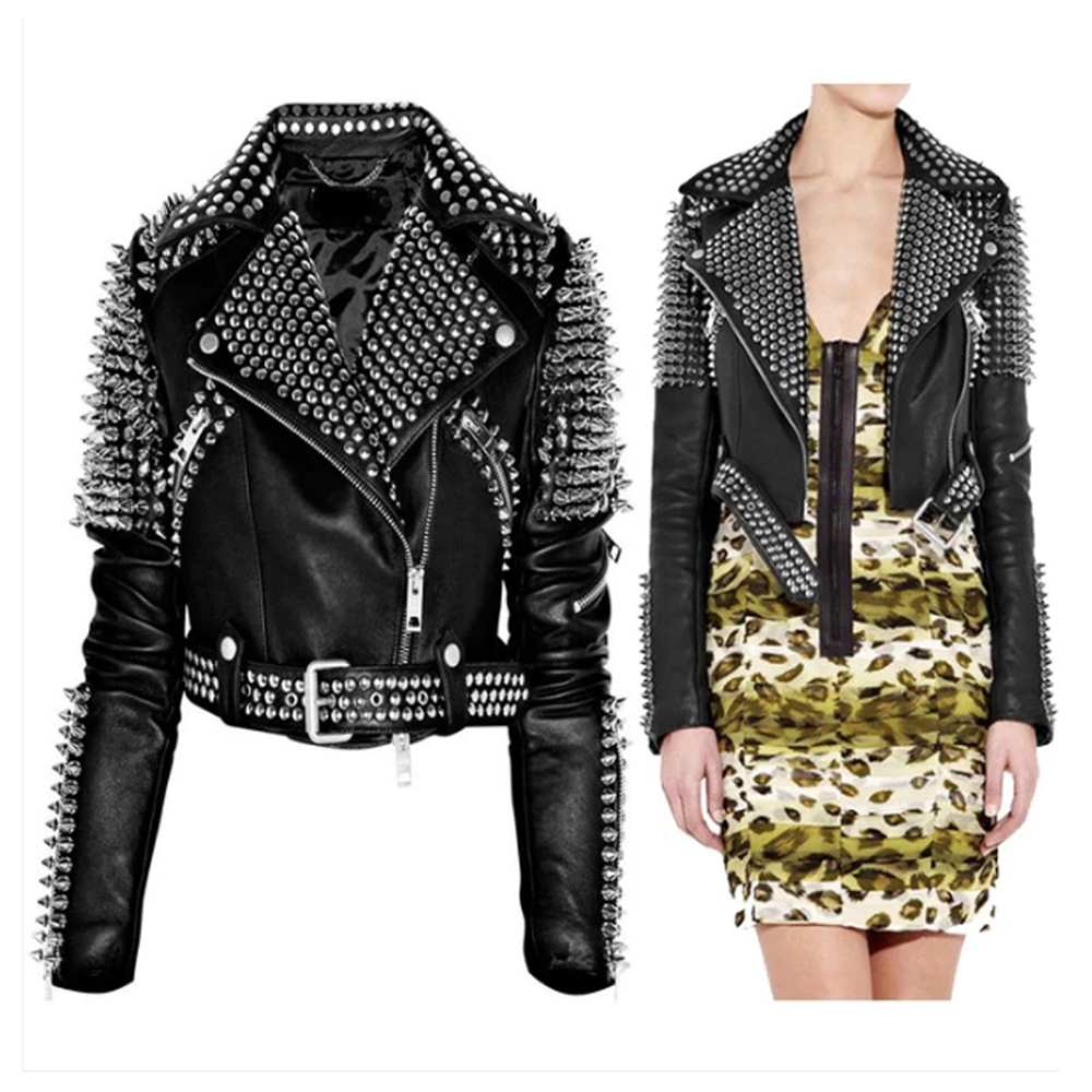 Veste motard en cuir clouté argenté pour femme style punk rock