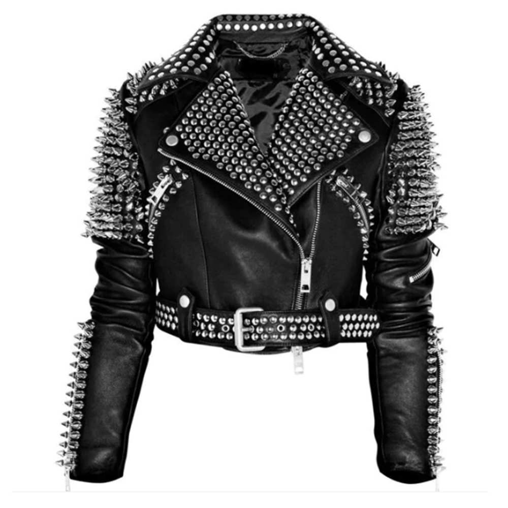 Veste motard en cuir clouté argenté pour femme style punk rock