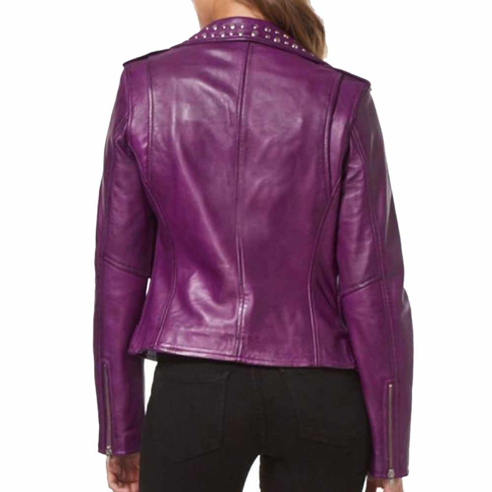 Veste de motard cloutée en cuir violet pour femme 