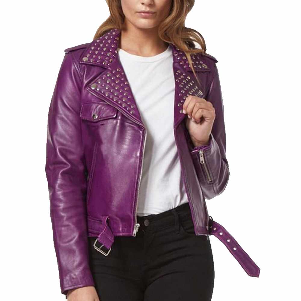 Veste de motard cloutée en cuir violet pour femme 