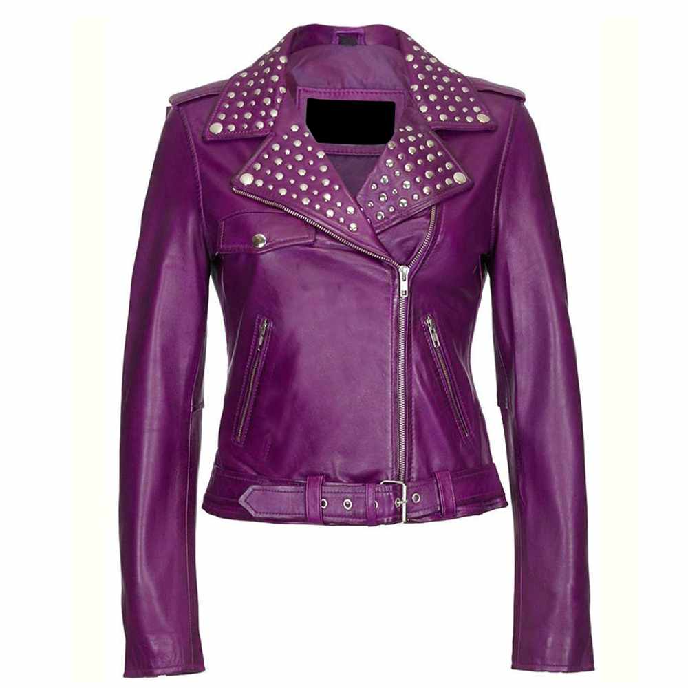 Veste de motard cloutée en cuir violet pour femme 