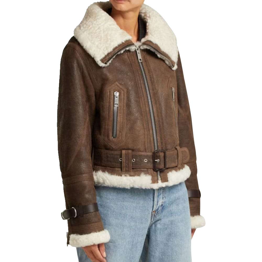 Veste en cuir marron aviateur en peau de mouton pour femme