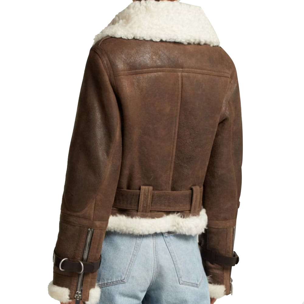 Veste en cuir marron aviateur en peau de mouton pour femme