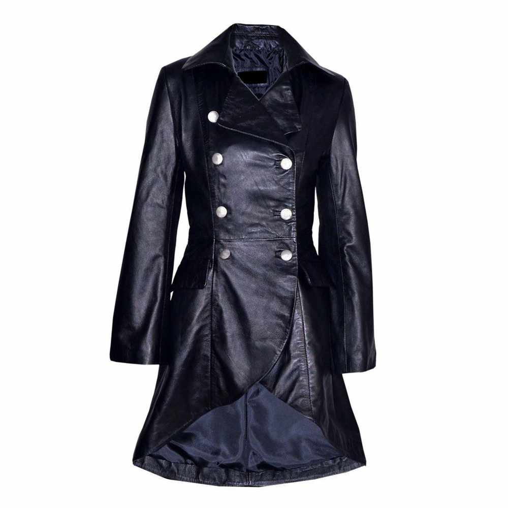 Manteau en cuir noir à double boutonnage victorien pour femme 