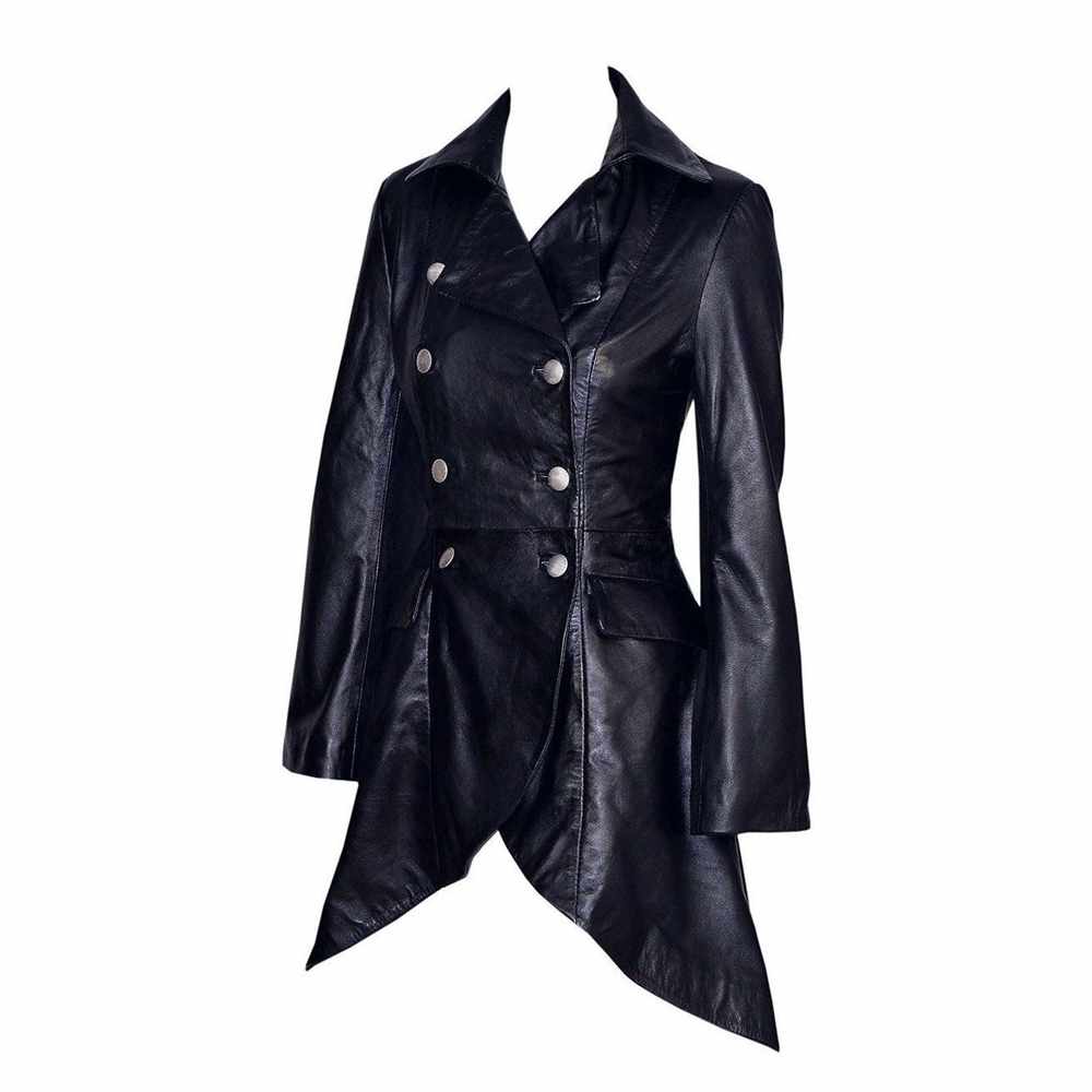 Manteau en cuir noir à double boutonnage victorien pour femme 