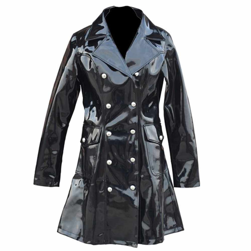 Manteau de mode militaire à double boutonnage en vinyle PVC pour femme