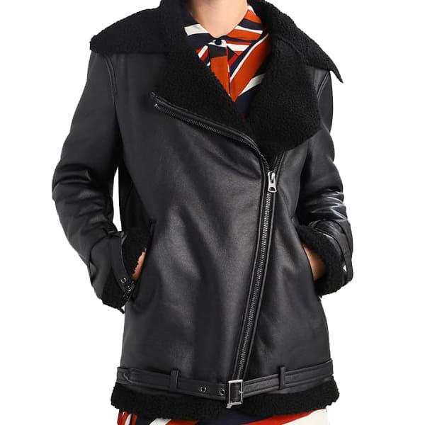 Women's Black Shearling Leather Aviator Jacket