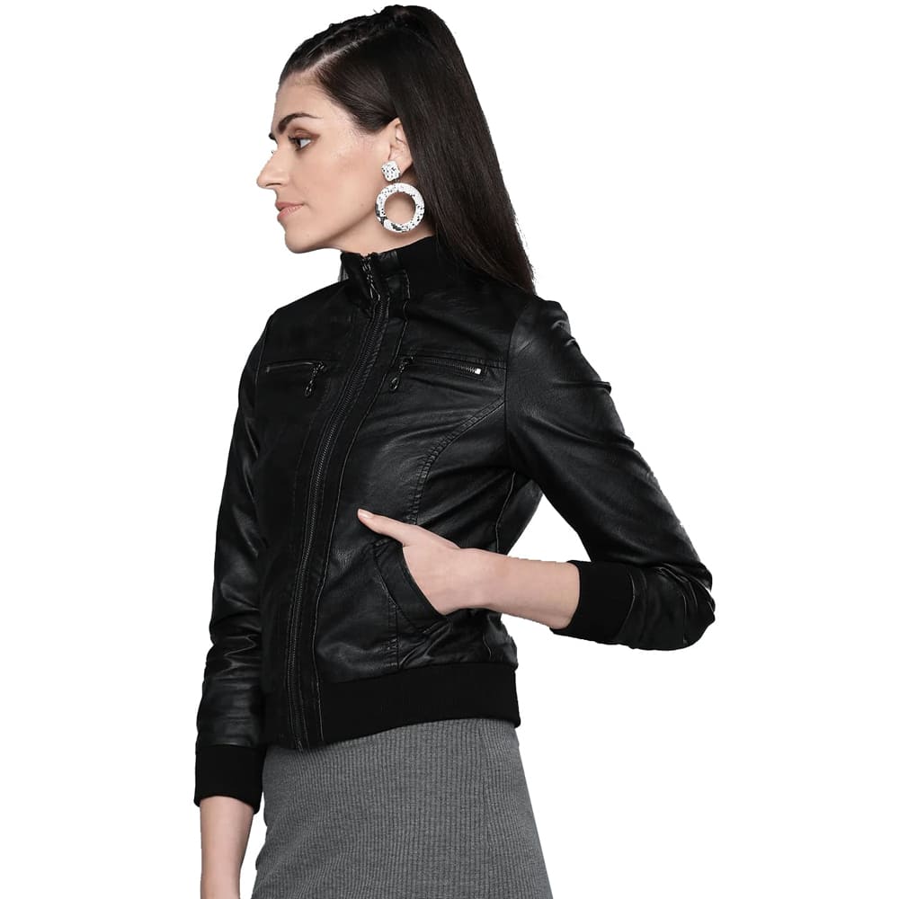 Veste en cuir bomber noire unie pour femme