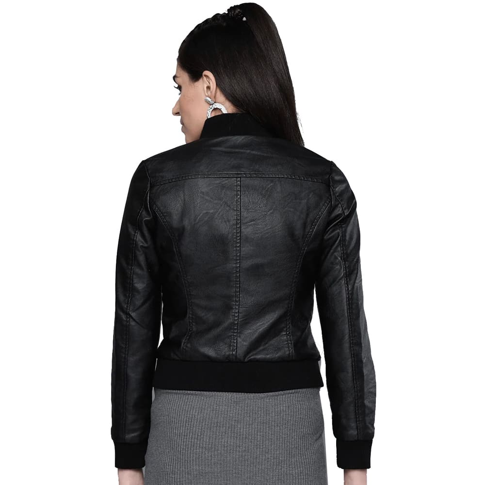 Veste en cuir bomber noire unie pour femme