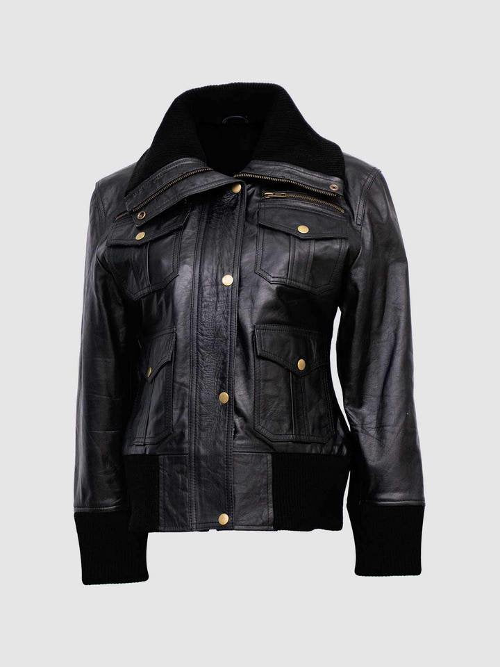 Blouson aviateur en cuir noir à quatre poches pour femme